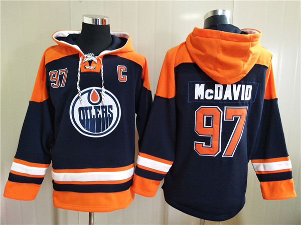 Men's Edmonton Oilers #97 Connor McDavid Navy Ageless Must-Have Lace-Up Pullover Hoodie - Click Image to Close